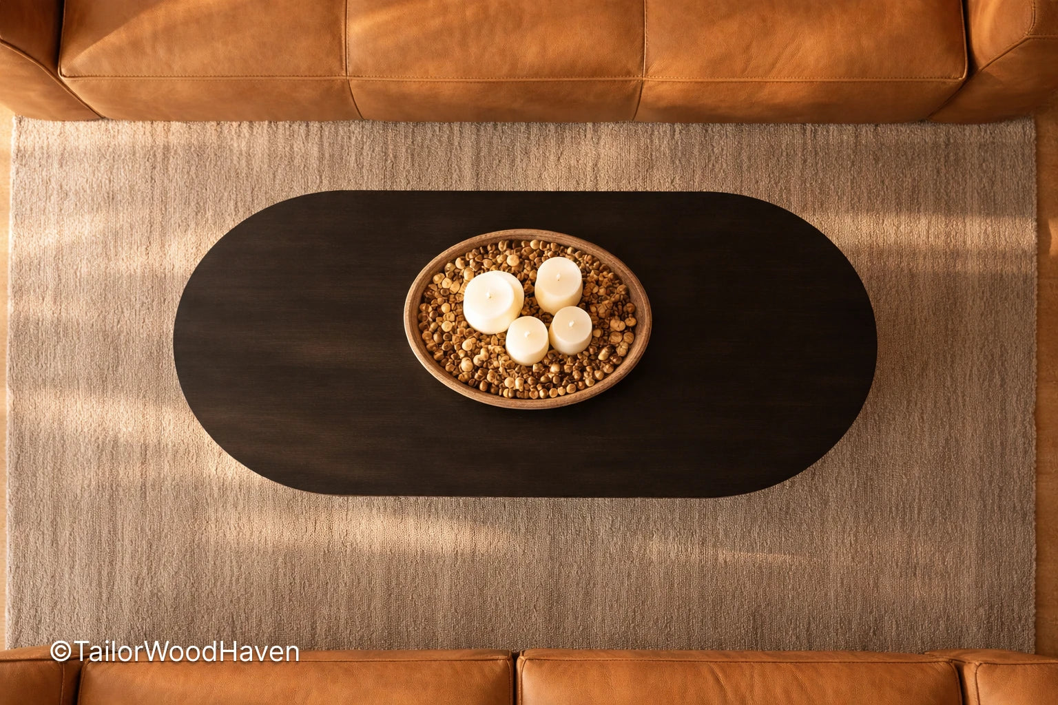 Top-down view of a black oval wooden coffee table with decorative items in a living room.
