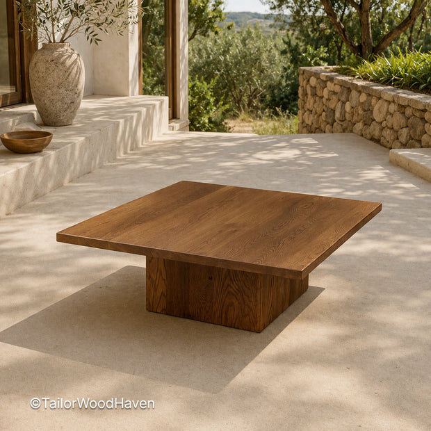 Circular outdoor coffee table made of solid wood with a smooth surface and clean design