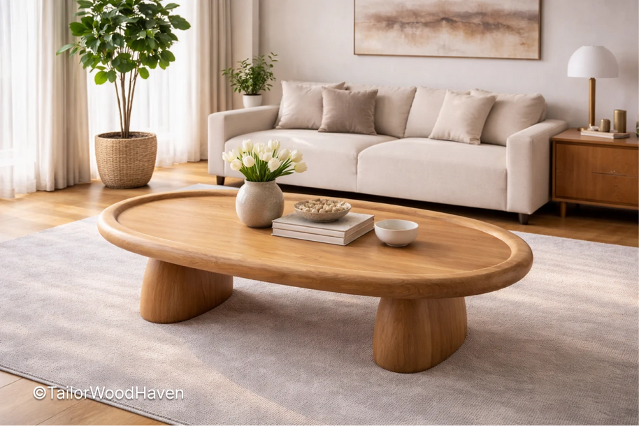 Large oval coffee table for living room in solid wood with wide smooth surface