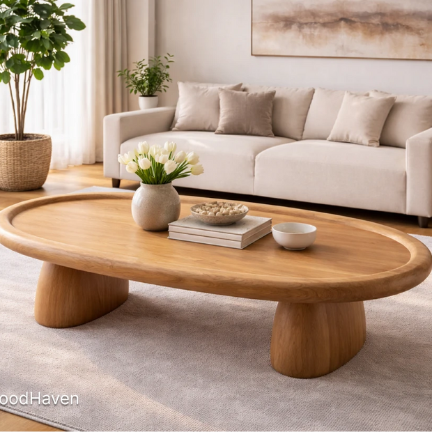 Large oval coffee table for living room in solid wood with wide smooth surface