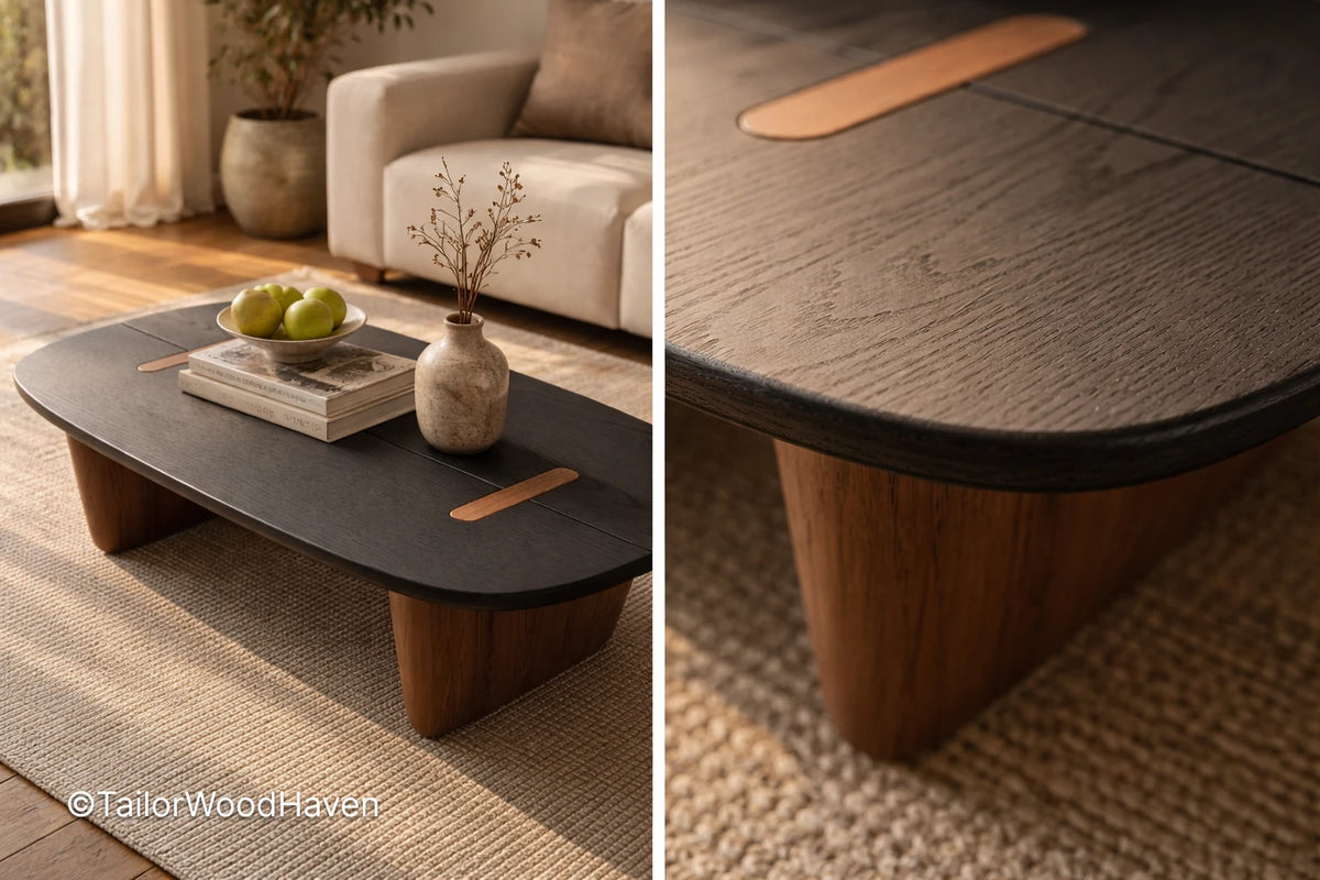 Dark wood oval coffee table with smooth surface and balanced design