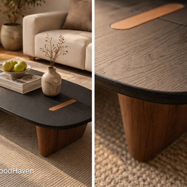 Dark wood oval coffee table with smooth surface and balanced design