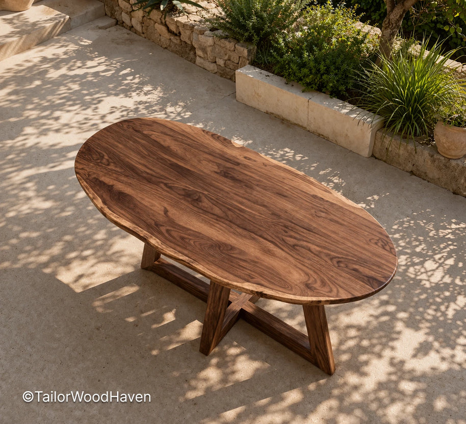 Oval outdoor coffee table made of solid wood with a smooth surface and balanced design