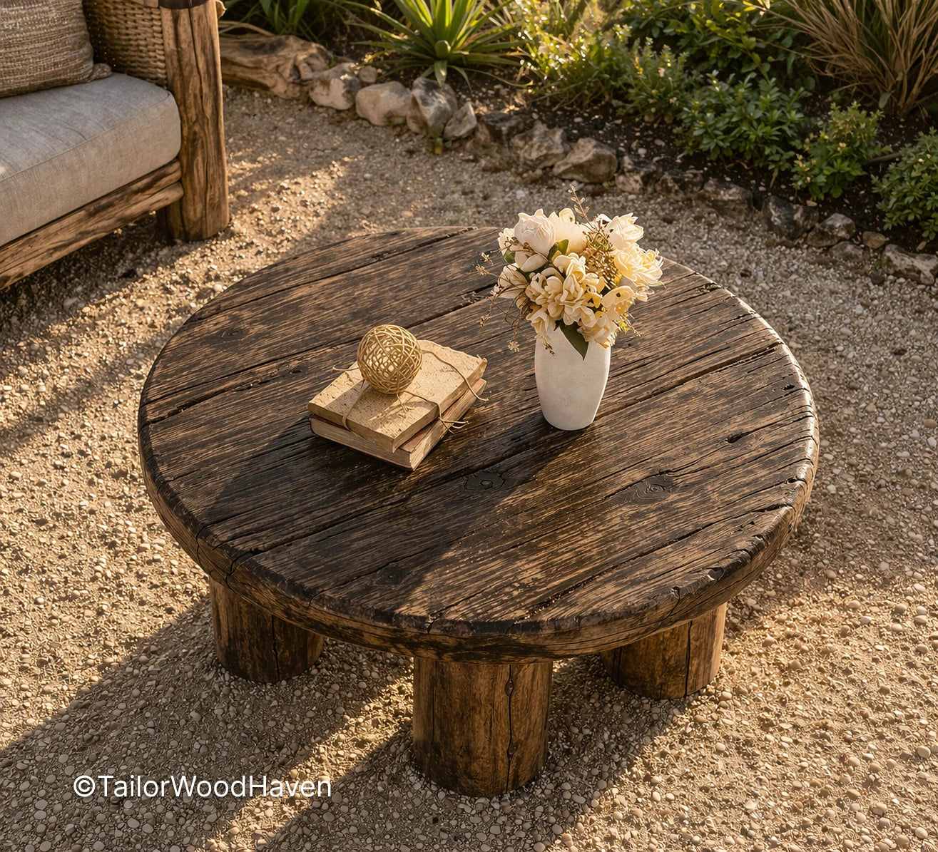 Rustic outdoor coffee table made of solid wood with visible grain and natural design