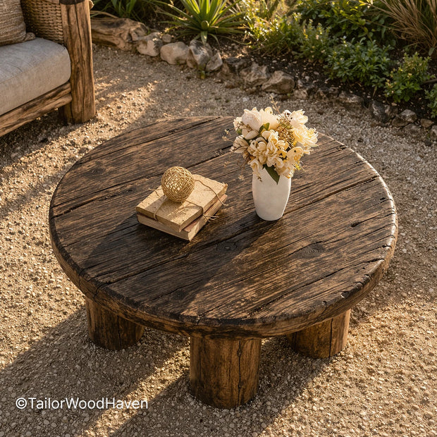 Rustic outdoor coffee table made of solid wood with visible grain and natural design