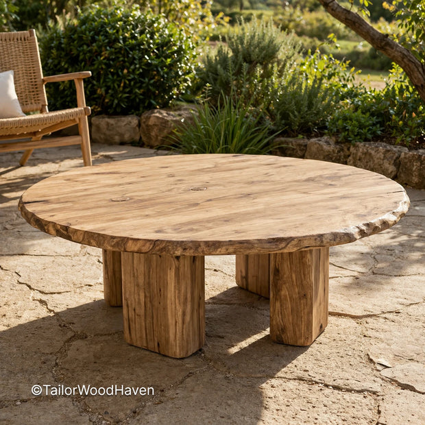 Brown outdoor coffee table made of solid wood with a smooth surface and warm tone