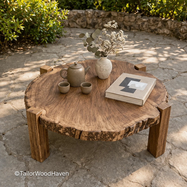 Solid wood large round patio coffee table with clean edges and spacious design