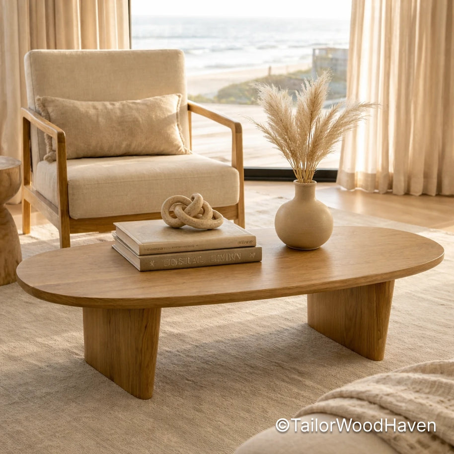 Solid wood light oval coffee table with natural finish and clean edges