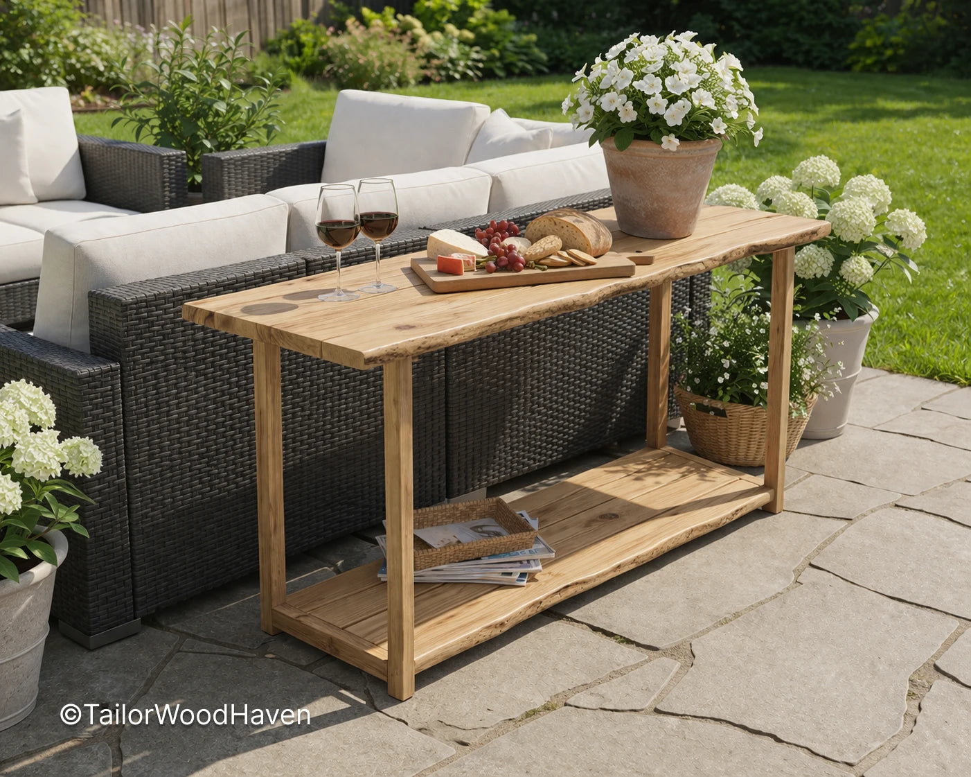 Solid wood narrow patio coffee table with compact width and clean edges