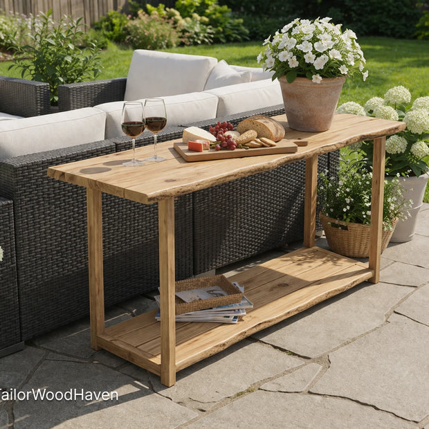 Solid wood narrow patio coffee table with compact width and clean edges