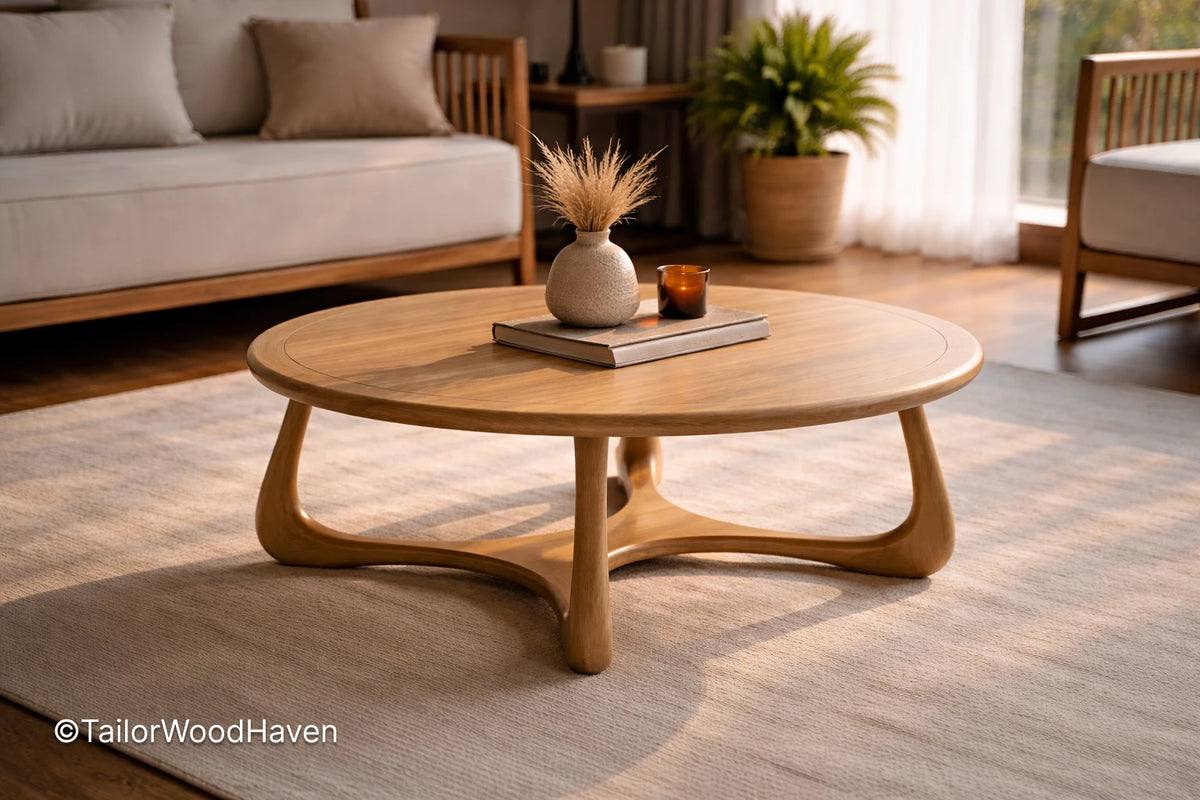 Solid wood mid century oval coffee table with minimalist design and natural grain