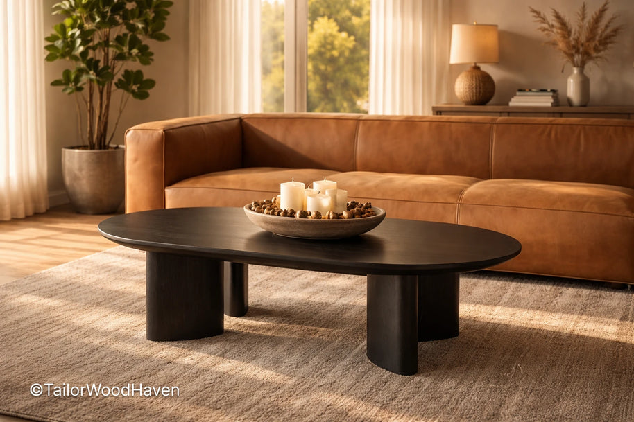 Black oval coffee table in solid wood with smooth surface and modern design