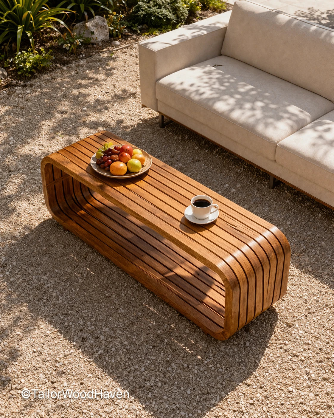 Contemporary patio coffee table with clean edges and durable wood construction