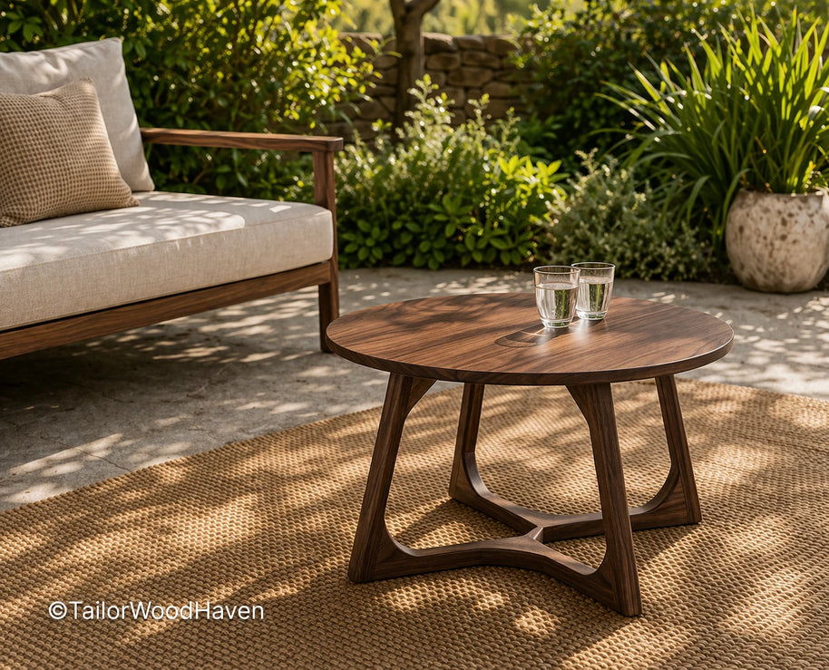 Wooden outdoor coffee table made of solid wood with natural grain and smooth surface