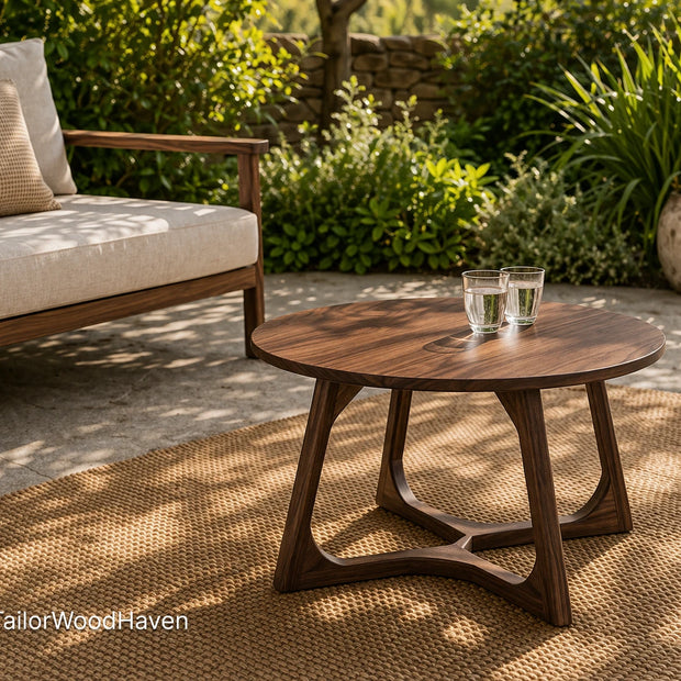Wooden outdoor coffee table made of solid wood with natural grain and smooth surface