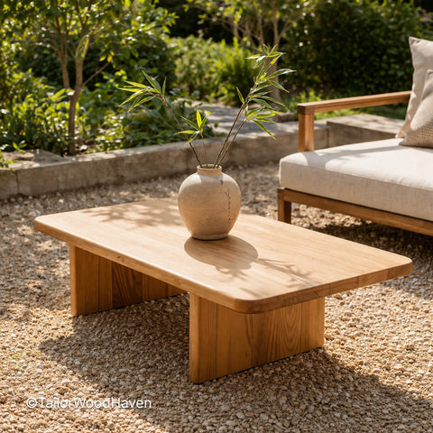 Rectangular outdoor coffee table made of solid wood with a smooth surface and clean design