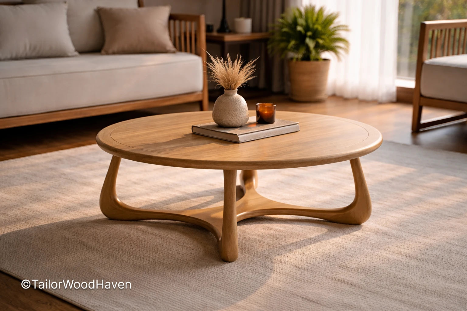 Solid wood brown oval coffee table with clean edges and durable finish