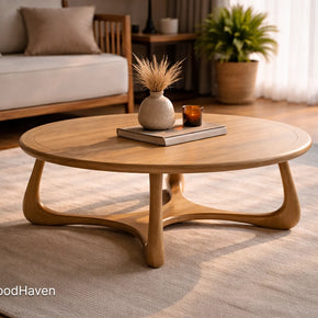 Solid wood brown oval coffee table with clean edges and durable finish