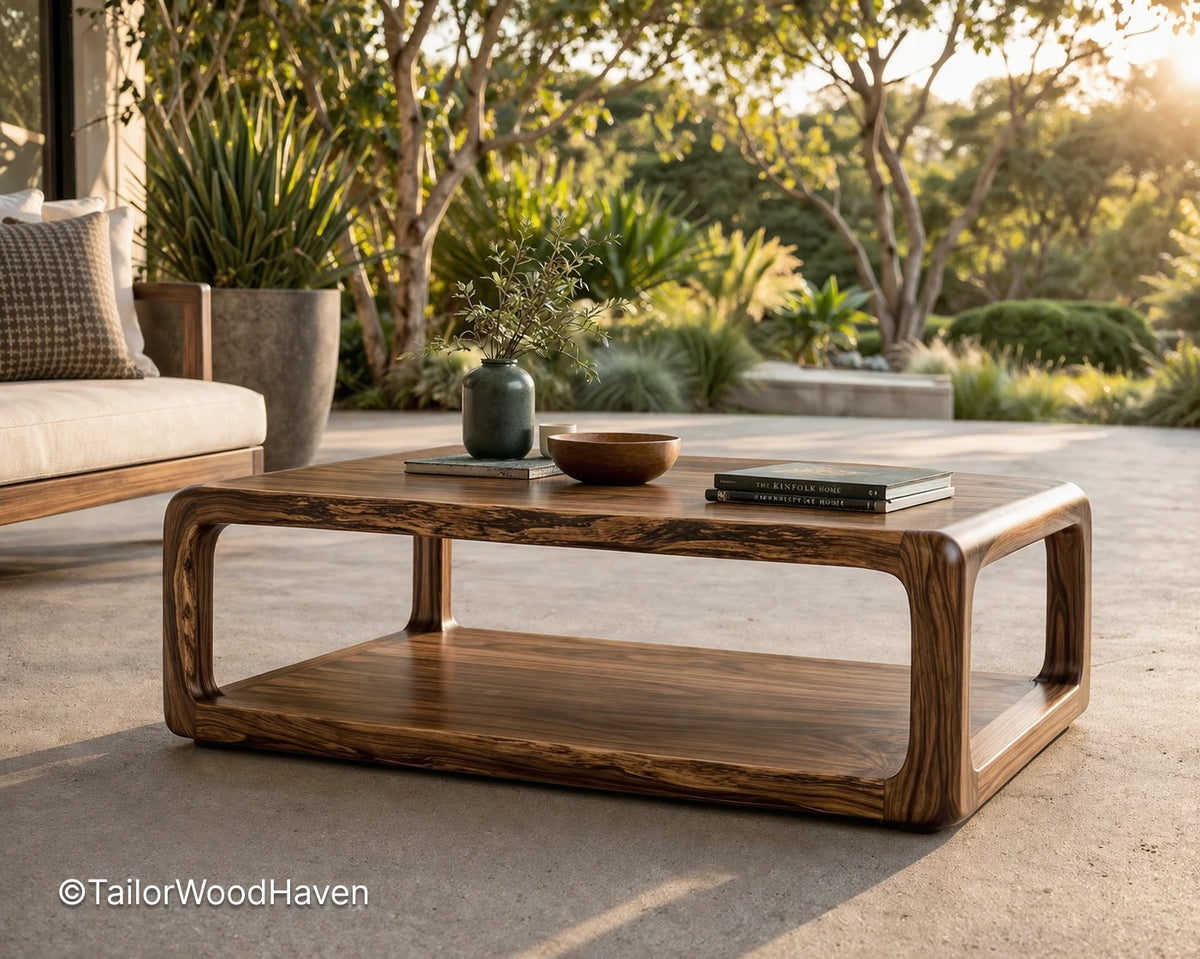 Solid wood square patio coffee table with clean edges and balanced proportions