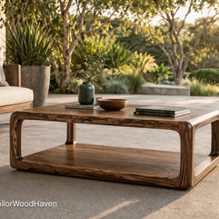 Solid wood square patio coffee table with clean edges and balanced proportions