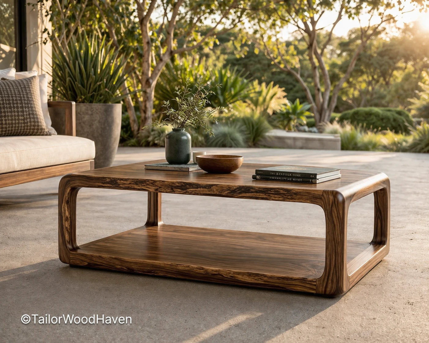Solid wood square patio coffee table with clean edges and balanced proportions