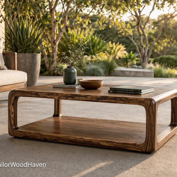 Solid wood square patio coffee table with clean edges and balanced proportions