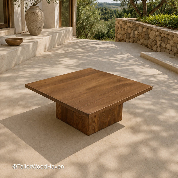Round patio coffee table with balanced proportions and durable wood construction