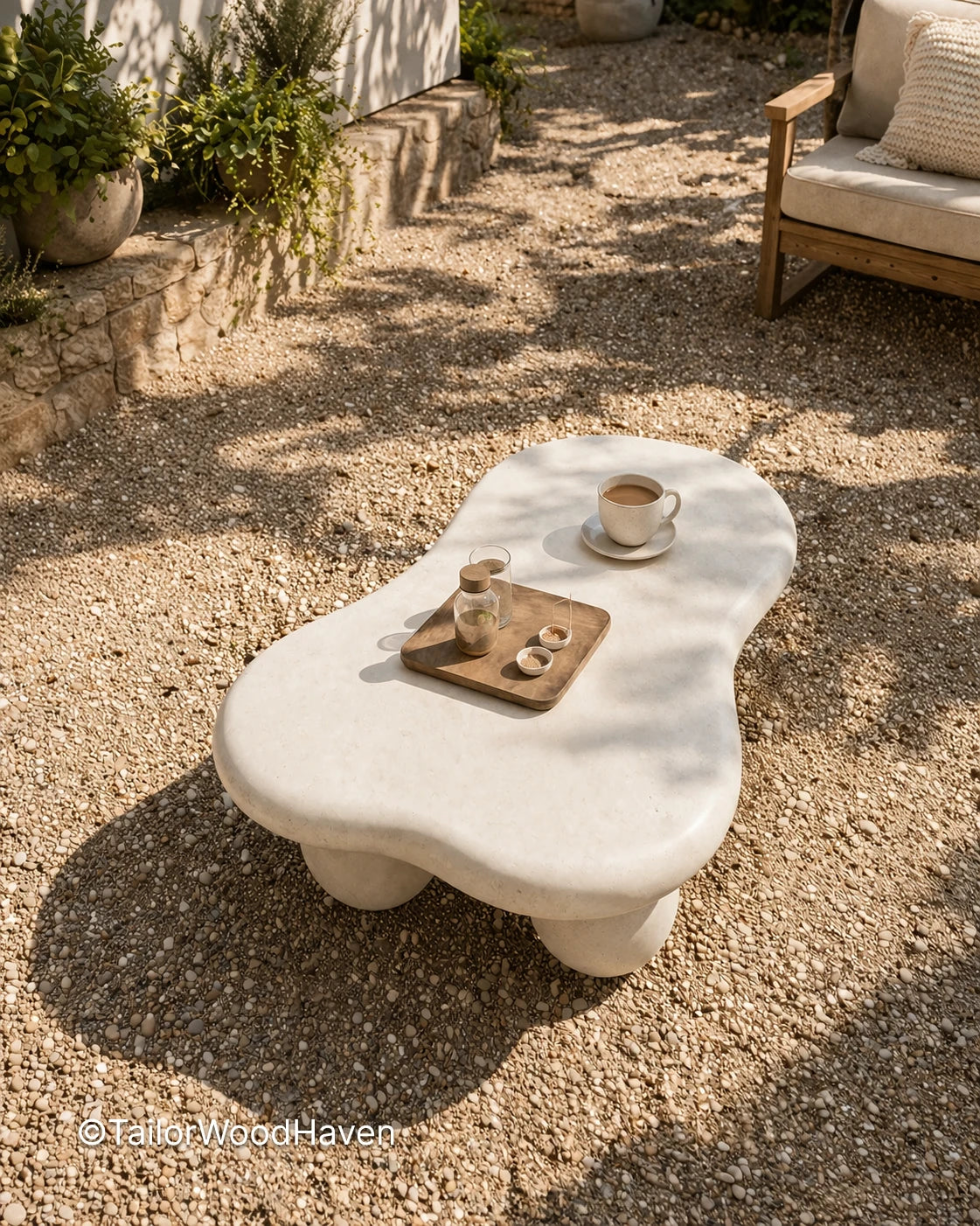 Solid wood outdoor coffee table with white finish and structured form