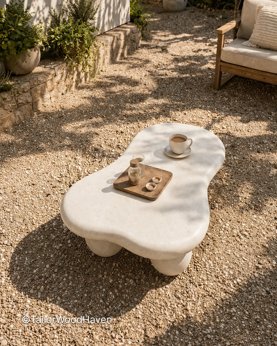 Solid wood outdoor coffee table with white finish and structured form
