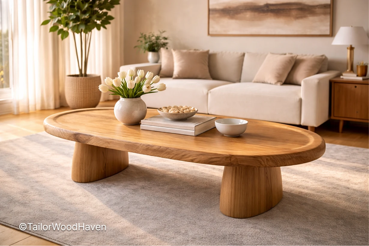 Solid wood large oval coffee table for living room with spacious design