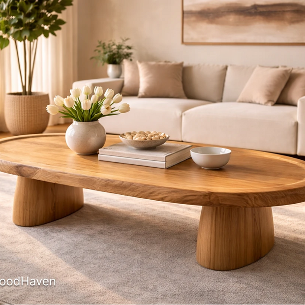 Solid wood large oval coffee table for living room with spacious design