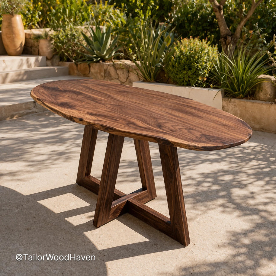 Solid wood oval patio coffee table with clean edges and durable construction