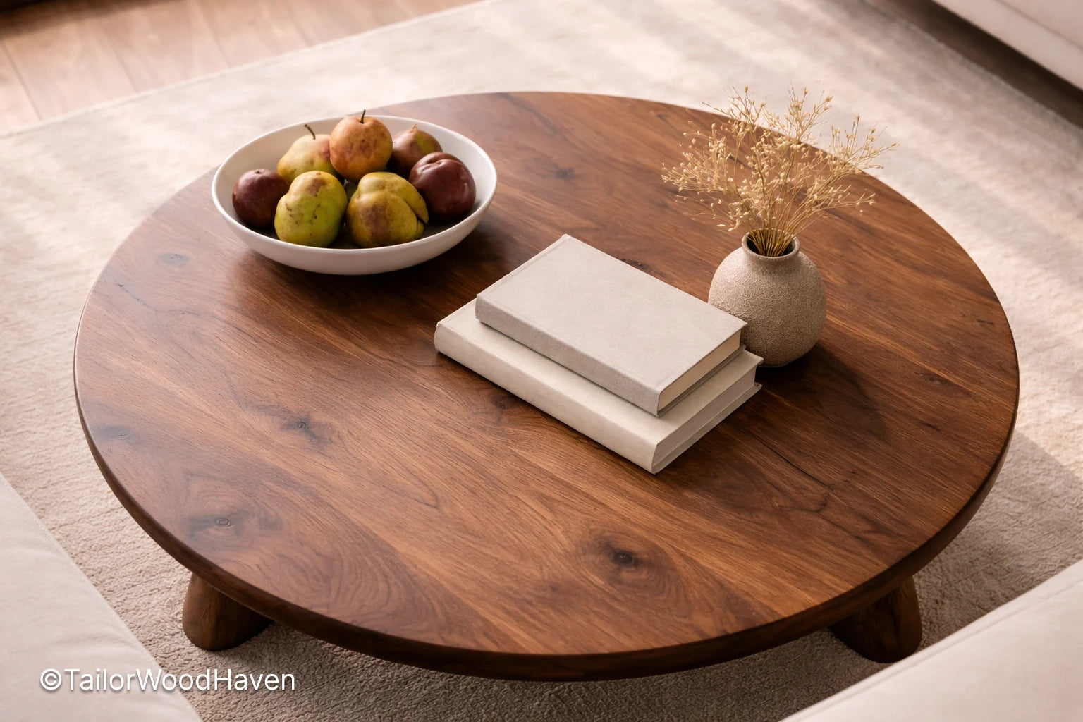 Wooden oval coffee table with minimalist shape and durable smooth finish