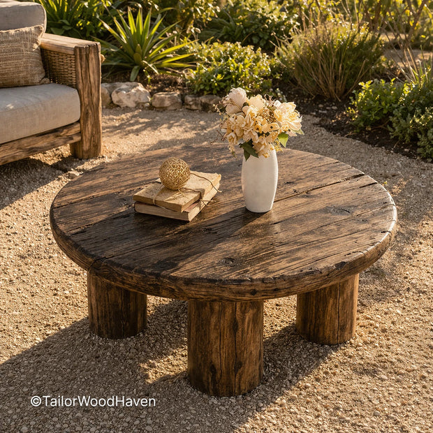 Solid wood rustic patio coffee table with warm tone and durable construction