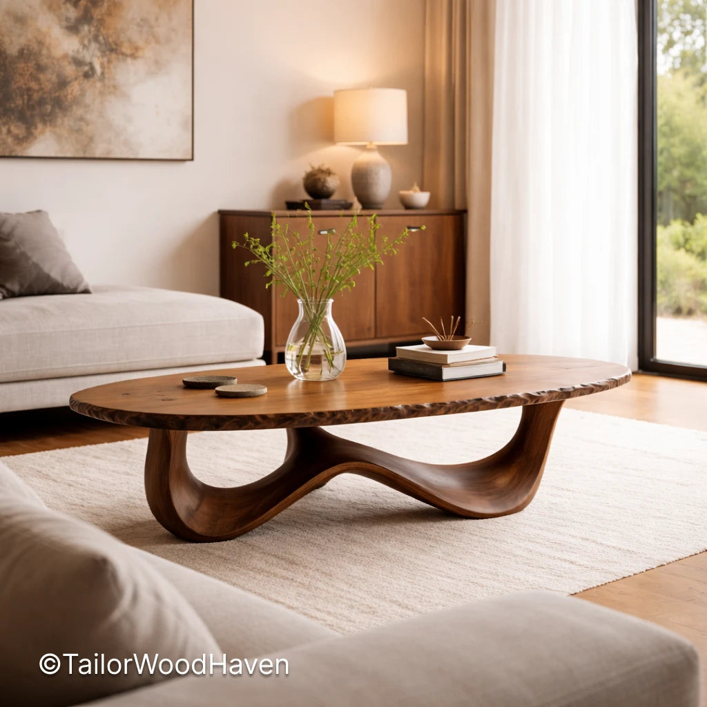 Walnut oval coffee table in solid wood with rich grain and smooth surface