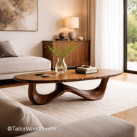 Walnut oval coffee table in solid wood with rich grain and smooth surface