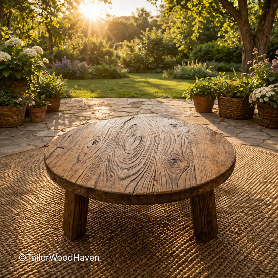 Solid wood small round patio coffee table with clean edges and space-saving design