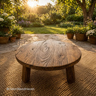 Solid wood small round patio coffee table with clean edges and space-saving design