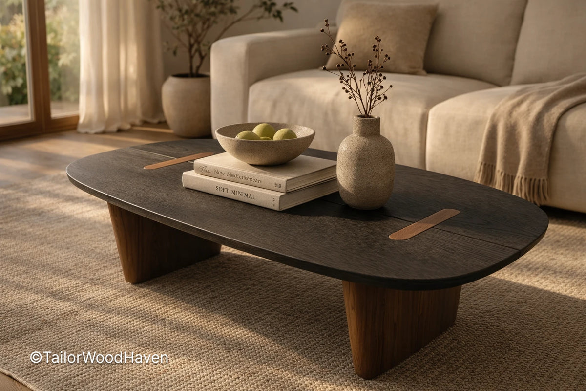 Solid wood dark oval coffee table with clean edges and durable finish