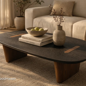 Solid wood dark oval coffee table with clean edges and durable finish
