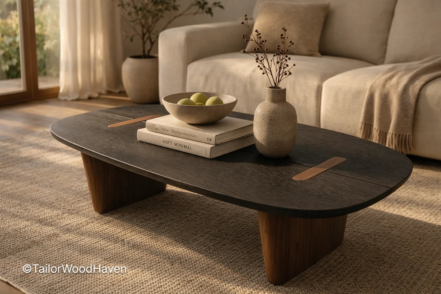Solid wood dark oval coffee table with clean edges and durable finish