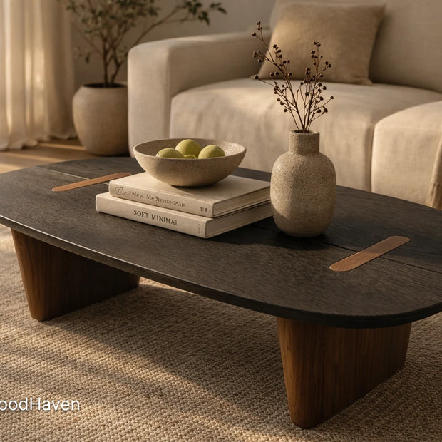 Solid wood dark oval coffee table with clean edges and durable finish
