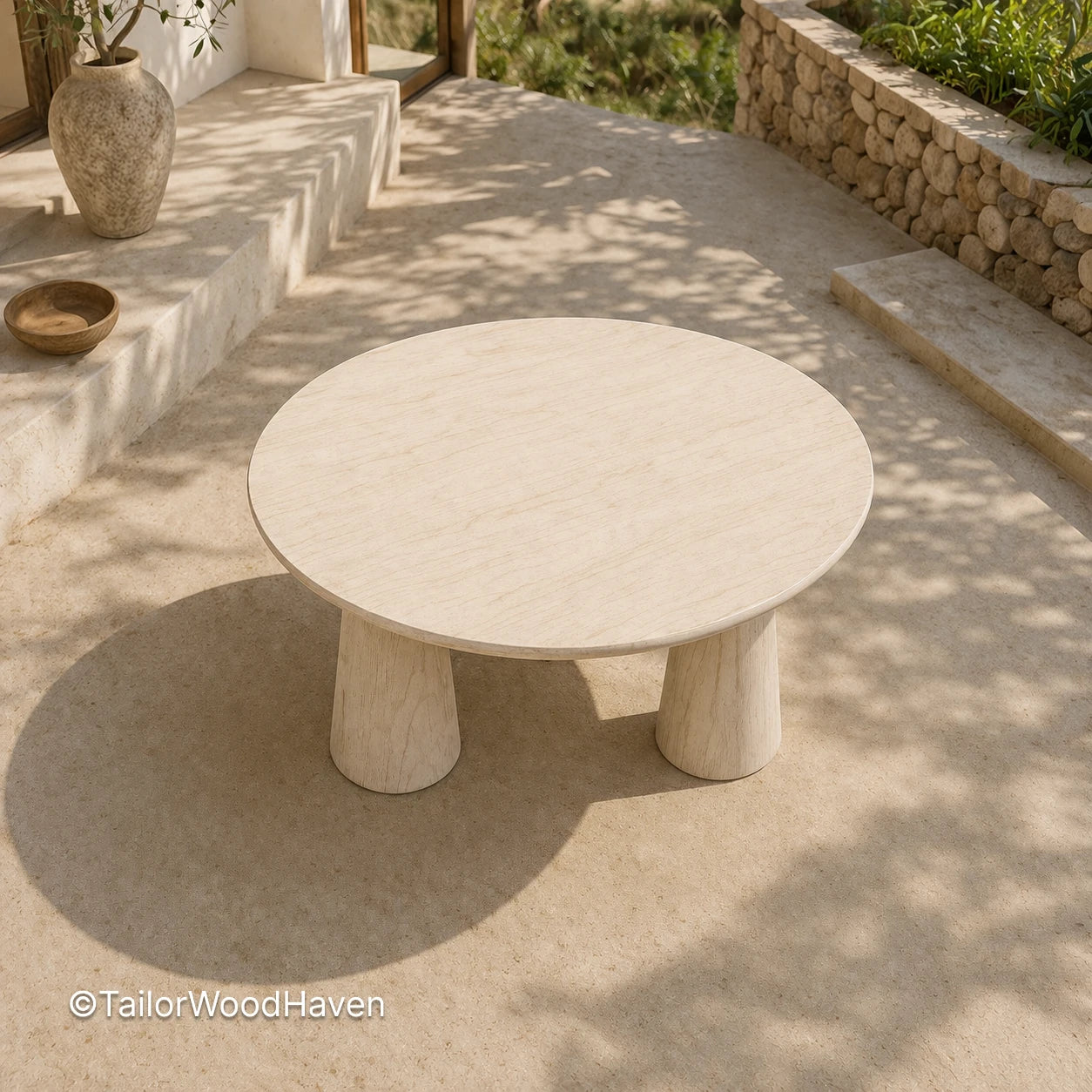 Solid wood round patio coffee table with white finish and balanced proportions