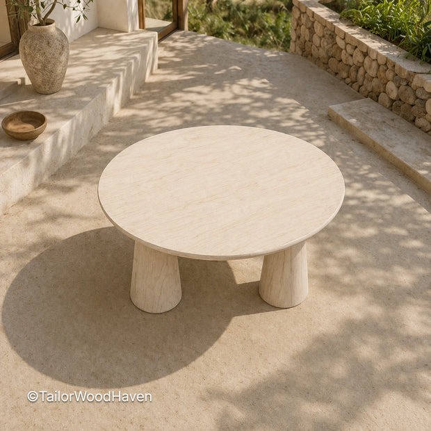 Solid wood round patio coffee table with white finish and balanced proportions