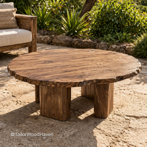 Solid wood patio coffee table with brown finish and clean structured design