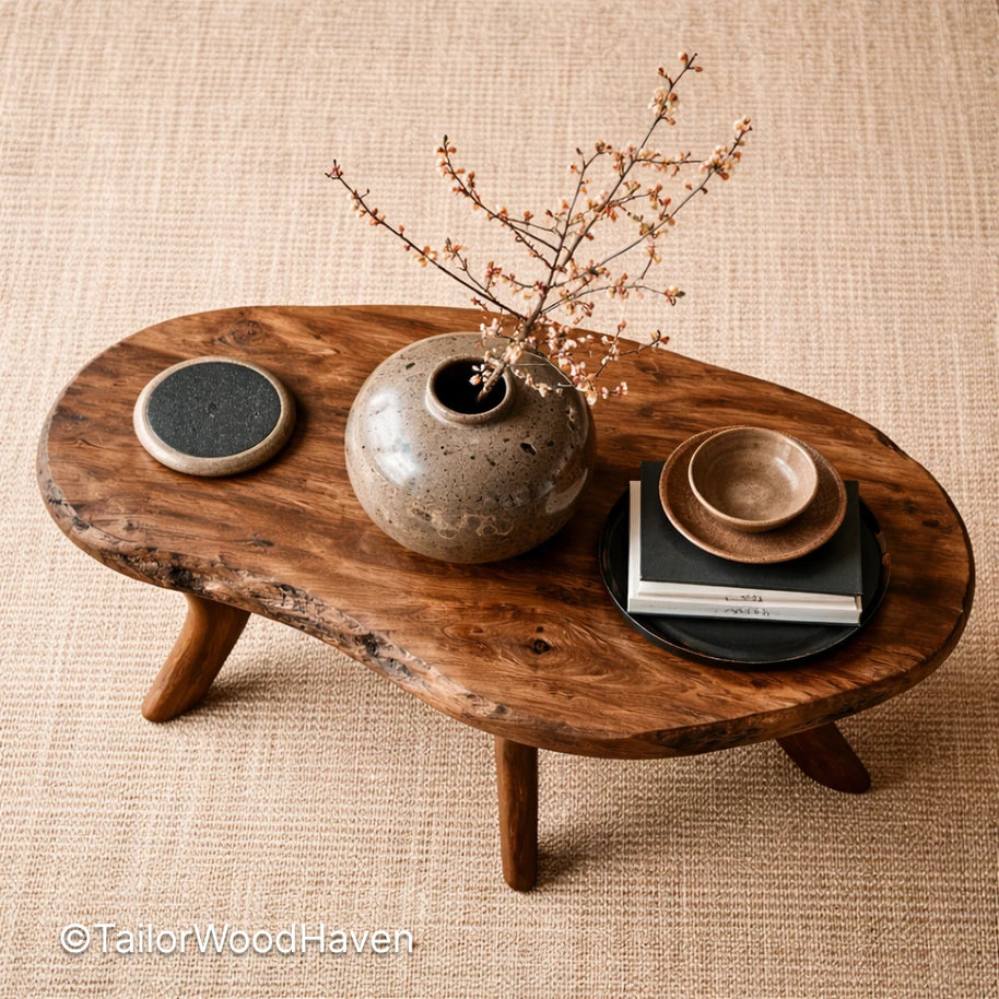 Wooden coffee table with decorative items on a beige textured background