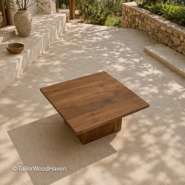 Large square solid wood coffee table with natural grain and durable finish