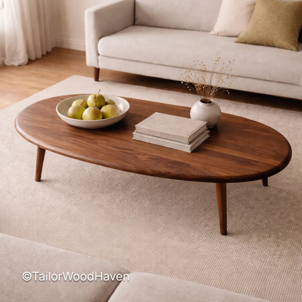 Contemporary oval coffee table in walnut wood with smooth surface and modern design