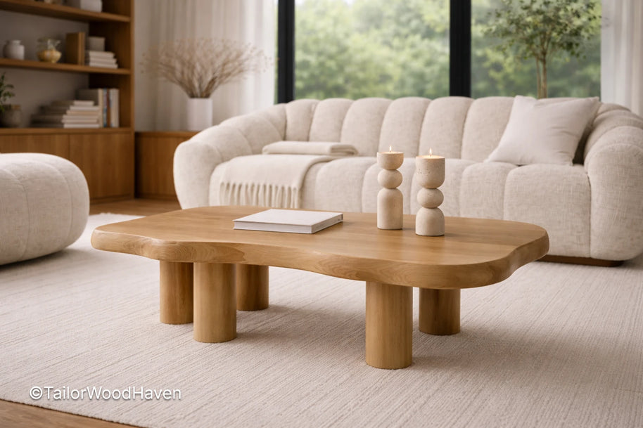 Wooden coffee table in a living room with a beige sofa and decor.