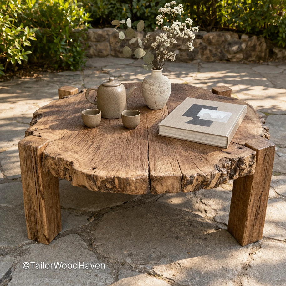 Minimal large round outdoor coffee table with sturdy construction and wide tabletop